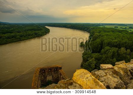 Danube, Bratislava, Slovakia: Beautiful Landscape With Devin Castle, Mountais And Danube River.