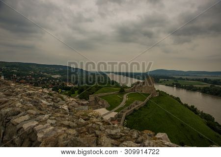 Bratislava, Slovakia: Beautiful Landscape With Devin Castle, Mountais And Danube River.