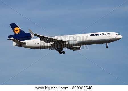Frankfurt / Germany - August 21, 2013: Lufthansa Cargo Md-11 D-alcm Cargo Plane Landing At Frankfurt