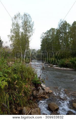 Early Morning On A Mountain River Yarovka In Western Siberia. Altai Territory. Russia