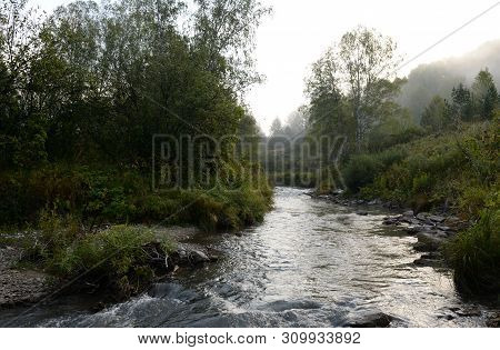 Early Morning On A Mountain River Yarovka In Western Siberia. Altai Territory. Russia