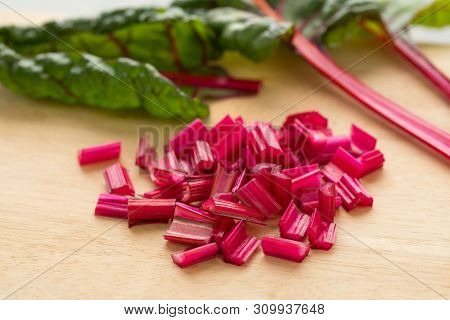  Red stemmed chard cut into pieces close up