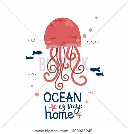 Cute Caricature Of Red Jellyfish. Vector Illustration For Children. Vector Illustration With Hand Le