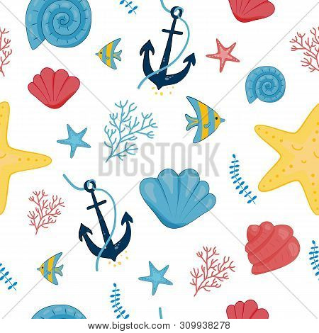 Cute Hand Drawn Texture, Marine Theme Design. Vector Seamless Pattern. For Birthday, Anniversary, Pa