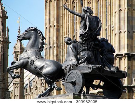 Statue Of Boadicea And Her Daughters In Westminster. London, England