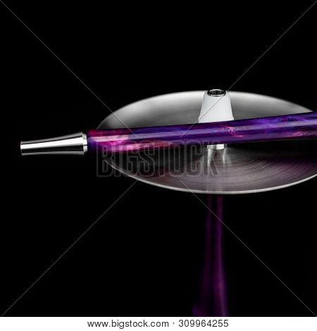 Hookah In Smoke With Fire On A Black Background. Hookah Is Burning. Beautiful Background On The Menu