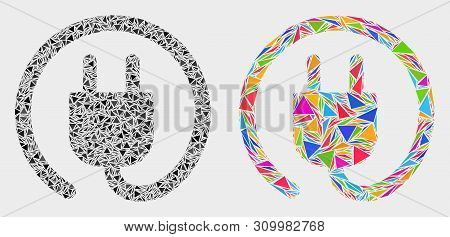 Electric Plug Mosaic Icon Of Triangle Elements Which Have Various Sizes And Shapes And Colors. Geome