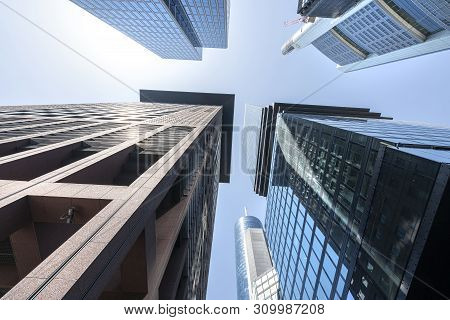Frankfurt, Germany. July 2019.  Modern Skyscrapers In The Financial District Seen From Below.