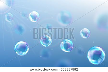Soap Bubbles Blue Background, Realistic Transparent Air Spheres Of Rainbow Colors With Reflections A
