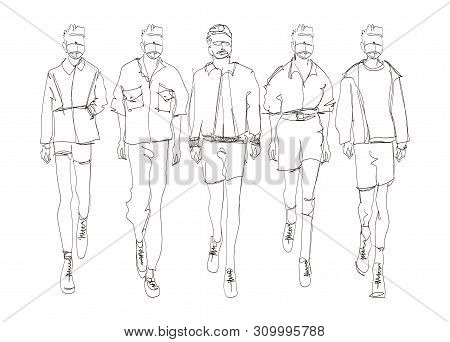 Stylish Handsome Mans In Fashion Clothes. Hand Drawn Beautiful Young Mens. Stylish Mens. Fashion Men