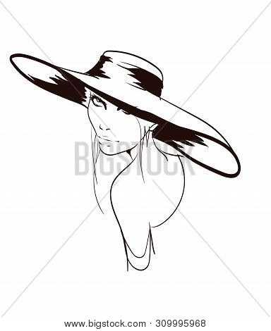 Beautiful Young Woman With Large Luxury Hat. Fashion Sketch. Fashion Girls Face. Hand-drawn Fashion