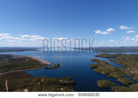 Aerial View Of Manso Lake Hydroelectric, Mato Grosso, Brazil. Great Landscape. Travel Destination. V