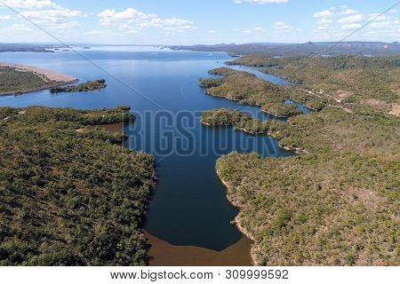 Aerial View Of Manso Lake Hydroelectric, Mato Grosso, Brazil. Great Landscape. Travel Destination. V