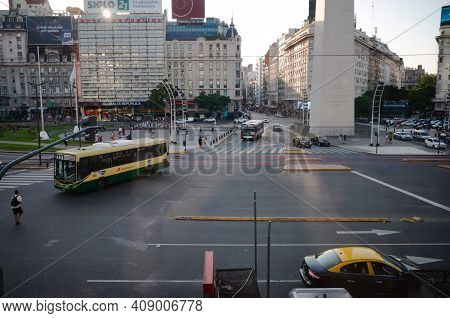 Buenos Aires, Argentina - January, 2020: Plaza De La Republica View With Obelisco De Buenos Aires. T