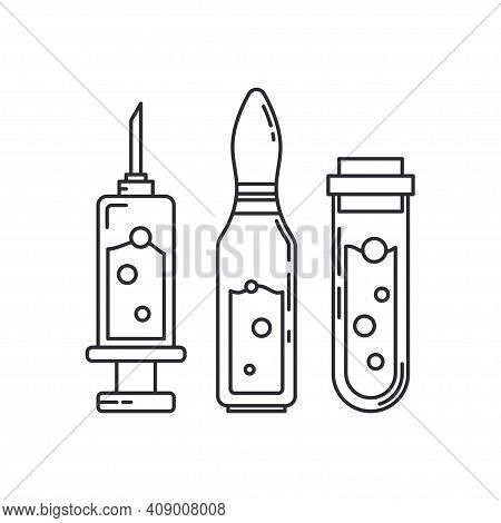 Line Medical Pharmaceutica Set Icon Flask, Ampoule, Syringe. Professional Equipment Symbol. Science,