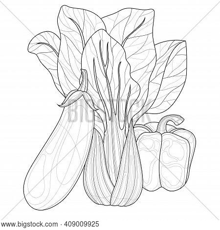 Vegetables. Bok Choy Cabbage, Eggplant And Bell Pepper.coloring Book Antistress For Children And Adu