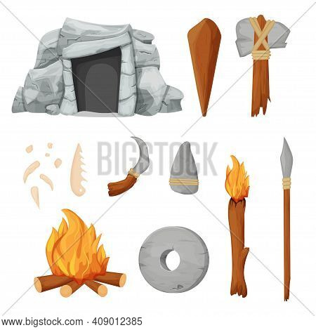 Stone Age Set With Barbarian Cave, Necklace From Bones, Tools And Weapon From Rock And Wooden Sticks