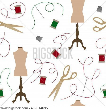 Tailors Seamless Pattern With Mannequin Niski And Scissors. Sewing.