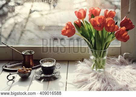 Oriental Coffee In Traditional Turkish Copper Coffee Pot With Flowers On Window Sill. Rustic Wooden 