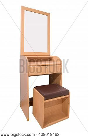 Bedroom Vanity Wooden Table With Stool And Mirror In Flat Style Isolated On White Backgrounds Work W