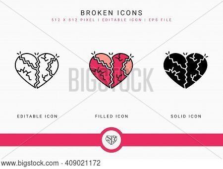 Broken Icons Set Vector Illustration With Solid Icon Line Style. Wedding Love Romance Concept. Edita