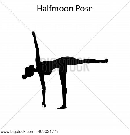 Halfmoon Pose Yoga Workout Silhouette On The White Background. Vector Illustration