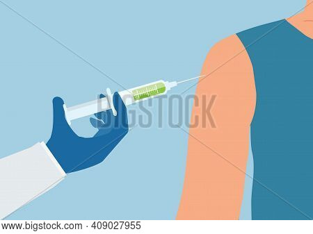 Doctor Hand With Syringe Making Vaccination Of Patient. Healthcare, Hospital And Medical Diagnostics