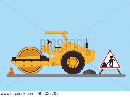 Repair The Road Surface. Road Roller Makes The Paving On Street.road Under Construction Flat Style D