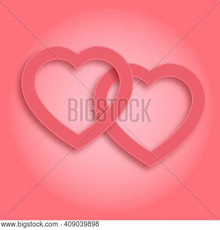 Saint Valentine Day Square Postcard. Cute Romantic Paper Cut Hearts On Pink Background. Cozy Craft V