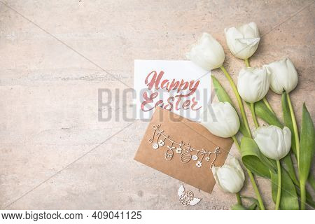 White  Tulips, Happy Easter Cards On Gray Background. Top View Flat Lay. Happy Easter Concept. Sprin