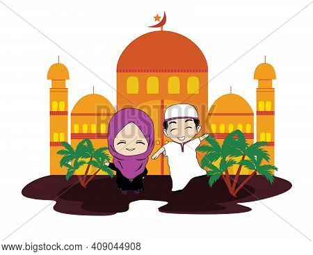Two Muslim Children Stand Happily In Front Of The Mosque Which Is Decorated With Several Green Trees
