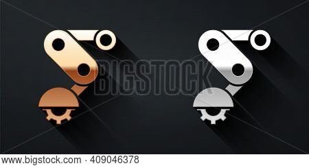 Gold And Silver Derailleur Bicycle Rear Speed Folding Icon Isolated On Black Background. Long Shadow