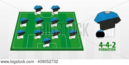 Estonia National Football Team Formation On Football Field. Half Green Field With Soccer Jerseys Of 