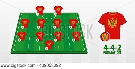 Montenegro National Football Team Formation On Football Field. Half Green Field With Soccer Jerseys 