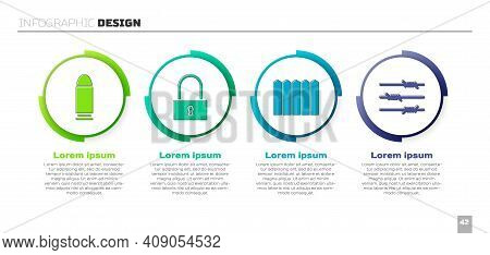 Set Bullet, Lock, Garden Fence Wooden And Barbed Wire. Business Infographic Template. Vector