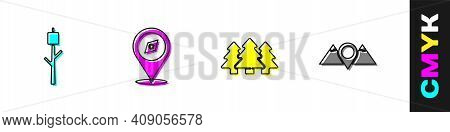 Set Marshmallow On Stick, Compass, Forest And Location Mountains Icon. Vector