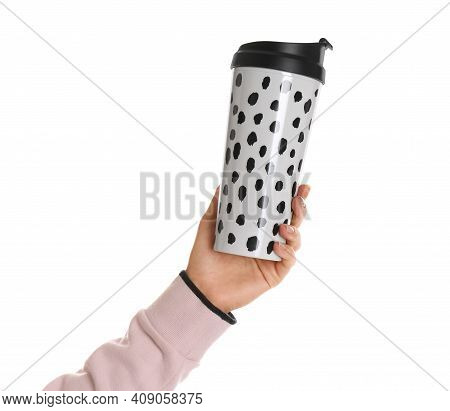 Woman Holding Elegant Thermocup On White Background, Closeup