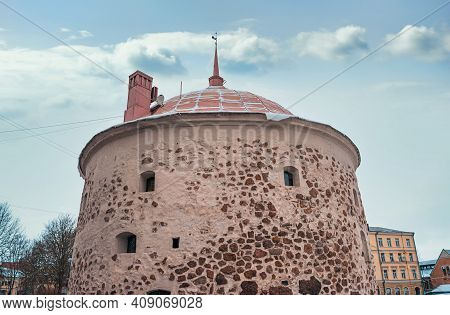 Medieval Round Tower In Vyborg, Russia. Viipuri Tower View. Vyburg Historical City Center.