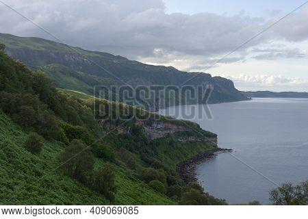 Landscape Image Of A Green Untouched Coastline Off The Isle Of Raasay. A Remote Scottish Location At