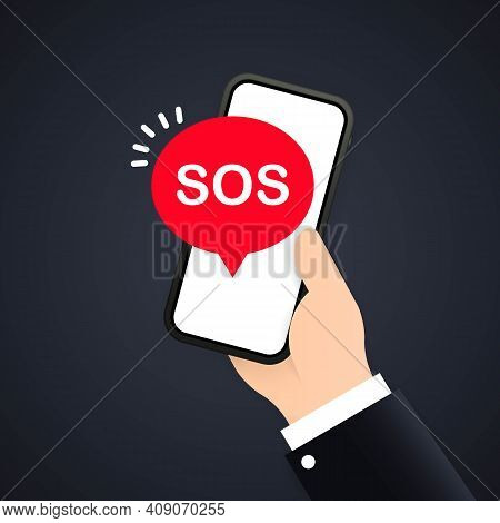 Sos Message In The Phone. 911 Calling In Flat Style. First Aid. Call Screen Smartphone. Hand With A 