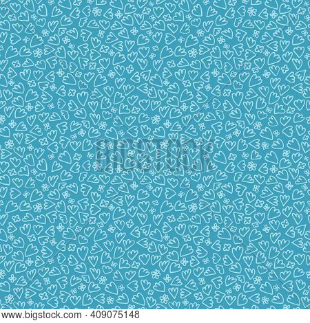 Vector Flowers And Leaves On Blue Seamless Pattern Print Background.