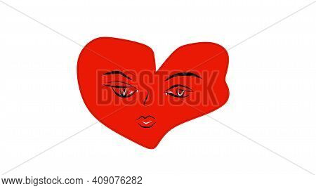 Asymmetrical Red Heart With A Melancholic Sad  Face, White Background,  Minimalistic Style