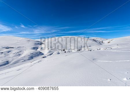 Altopiano Della Lessinia (lessinia Plateau) In Winter With Snow And Monte Tomba (tomb Mountain), Reg