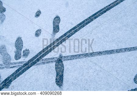 Traces Paths Of Cars Bikes And Feets On The Snow As Plant Early In The Winter - Fresh Snow