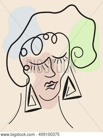 Vector Woman Face Image Abstract Line Drawing. Portrait Minimalistic Style. Surrealistic Line Drawin