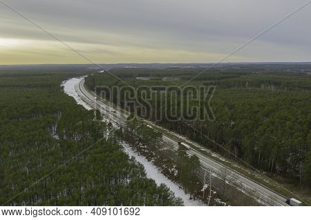 A Vast Plain Overgrown With Pine Trees. Green Canopy Of Trees. It Is Winter, The Ground Is Covered W