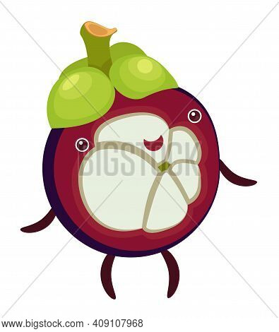 Cartoon Funny Character Fruit Mangosteen On White Background
