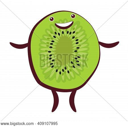 Funny Character Kiwi Fruit With A Smile On A White Background