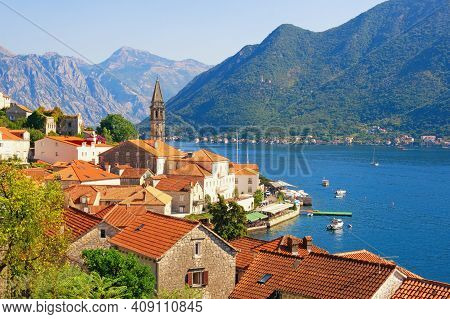 Beautiful Mediterranean Landscape. Montenegro, Kotor Bay. View Of Ancient Town Of Perast On Sunny Su