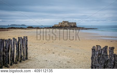View Of Bon-secours Beach And Grand Bé A Tidal Island Near The Coast Of St-malo, France